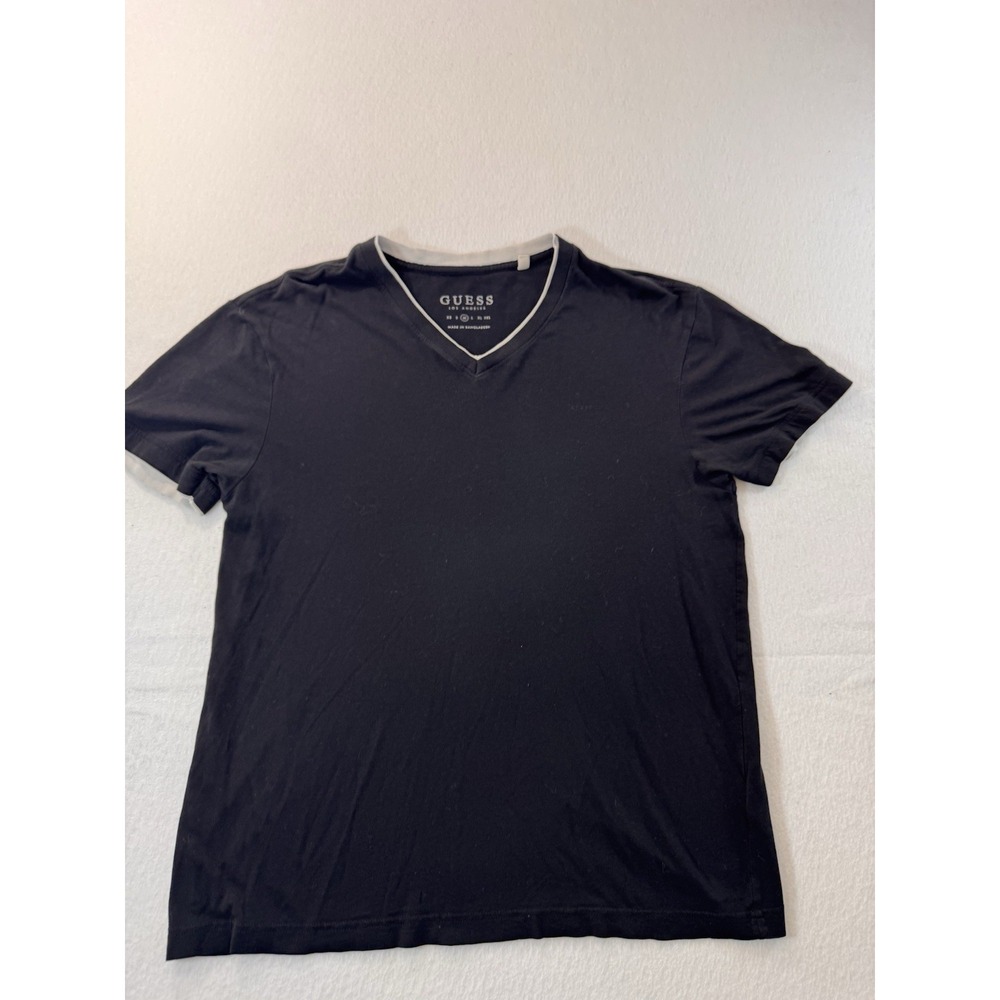 Guess Los Angeles Mens V-Neck T Shirt Medium Black w/ White Trim Casual Rugged